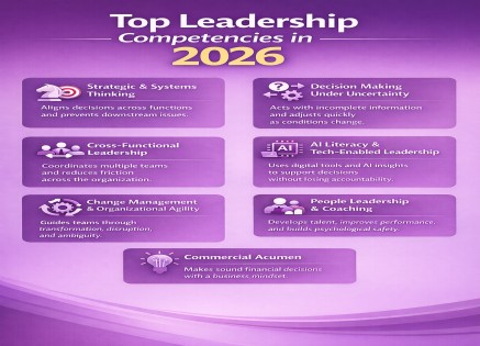 Infographic showing the top leadership competencies in 2026, including strategic thinking, decision making under uncertainty, cross-functional leadership, AI literacy, change management, people leadership, and emotional intelligence